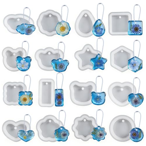 Epoxidharz Formen Anhänger Set 16 Stück Verschiedene Silikonformen Harz mit 20 Kugelketten Gießformen Silikon Epoxidharz für Schlüsselanhänger Anhänger Schmuck DIY Dekoration