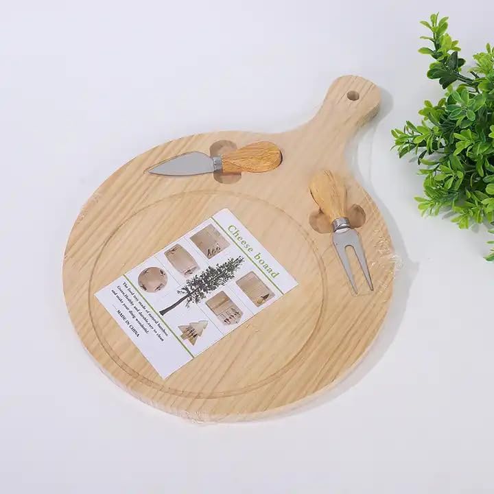 Shrevi Cheese Board Set With Wood Bamboo Handle - Serving Board, Knife & Fork for Meat and Vegetables (Round)