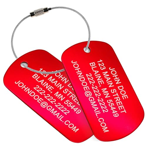 High Visibility Durable Anodized Aluminum Personalized Luggage Tag - 2 Pack, Customizable Travel ID Tag for Luggage, Golf Bags & More - Custom Luggage Tag (Red)