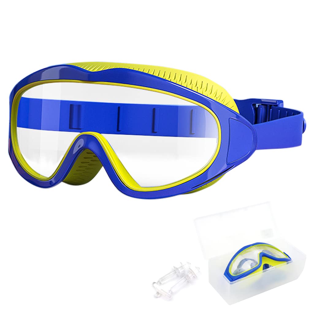 PROBEROSPROBEROS® Big Frame Swimming Goggles Leakproof Swimming Goggles for Children Kids Swim Goggles with Anti Fog and UV Protection for Boys Girls for Age 3-16(Blue)