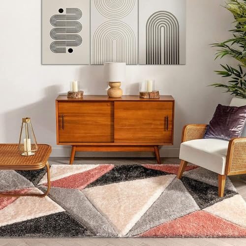 Image of F & B RUGS ; SUPERIOR QUALITY PRODUCTS Firoz and Brothers Handwoven Super Soft Indoor Modern Shag Microfibre Silky Fluffy Smooth 4x4 feet Pink Grey