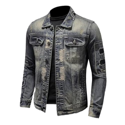 Sinzelimin Men Denim Jacket Hipster Punk Style Distressed Streetwear Motorcycle Jacket Button Lapel Casual Cargo Coat Outwear