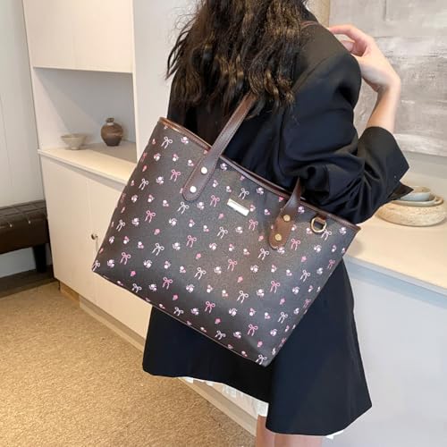 Image of hibear Cherry Print Tote Bag for Women Bow Shoulder Handbag Trendy Faux Leather Top-Handle Bag with Cherry Accessories