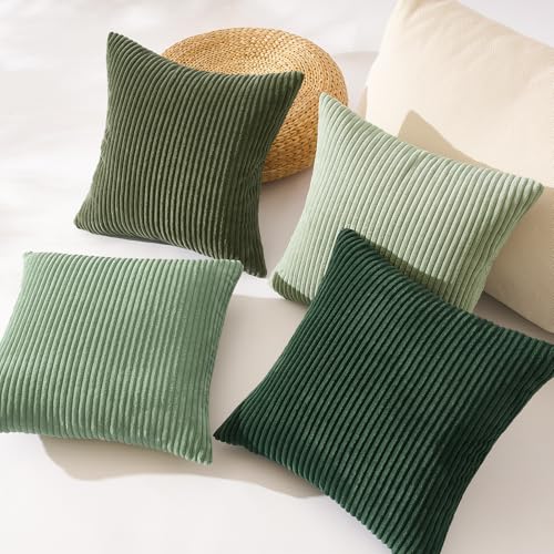 Image of Topfinel Light Green Decorative Throw Pillow Covers Green Series,Winter Fluffy Corduroy Striped Euro Pillows Shams for Couch Bed Bedroom,Western Modern Hunter Green Pillowcase 20x20 Inch Set of 4