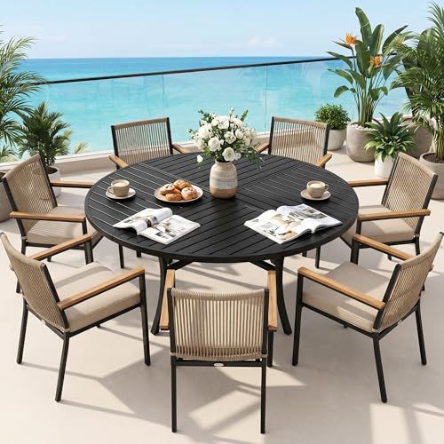 Hawthyhome Gartentisch Runder mit Zylindrischem Schirmloch Durchmesser 137 cm Gartentisch Wetterfest Outdoor Esstisch für 4-6 Personen Partytisch Balkontisch Metallrahmen Schwarz