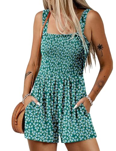 QUNERY Mono Corto Mujer de Verano 2025 Sin Mangas Peto Mujer Verano Bohemia Casual Sueltos Jumpsuit con Bolsillos Moda Playa Verde Oscuro XXL