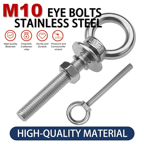 Image of 12 Pack M10 Stainless Steel Eye Bolts with Nuts,3 /8 inch x 3 inch Eye Bolts | 304 Stainless Steel Eye Bolt,Eye Bolts Heavy Duty for Hang Tie Down Outdoor,3 /8 eye bolts with nuts,m10 eye bolts