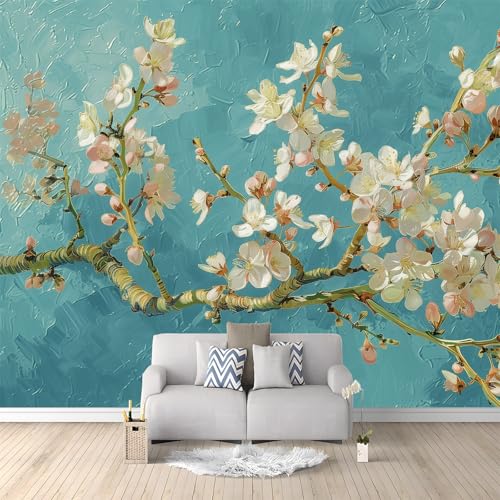 Large Cherry Blossom Wall Mural, Turquoise Blue Floral Wallpaper, Japanese-Style Apricot Blossoms Tree Branches, Non-Self-Adhesive Photo Wallpaper for Bedroom & Living Room, 158 x 110 (400 x 280 cm)