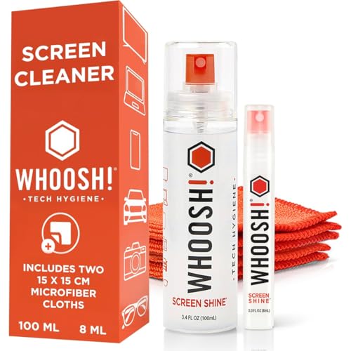 WHOOSH! Screen Shine Duo Zestaw do czyszczenia telefonu - 8 ml + 100 ml butelki zapobiegające wyciekom, 2 ściereczki z mikrofibry - spray do czyszczenia ekranu do laptopów, okularów i MacBooków