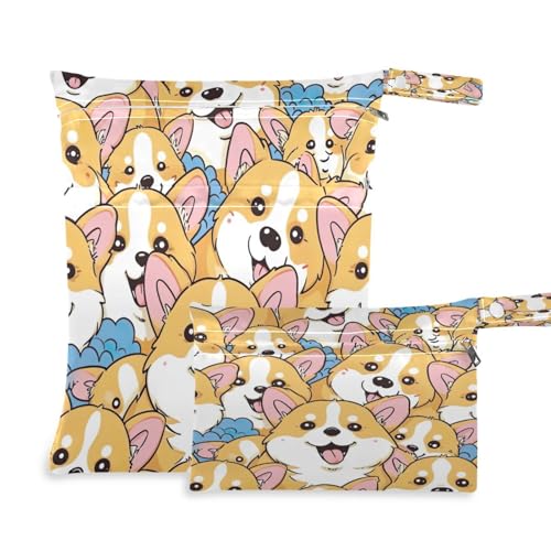 ATTX Beautiful Cartoon Corgi Wet Dry Bags 2-Pack - Reusable Cloth Diaper Storage for Travel, Beach & Gym | Multi-Use Waterproof Bags for Swimsuits, Baby Clothes, Sports Gear#469