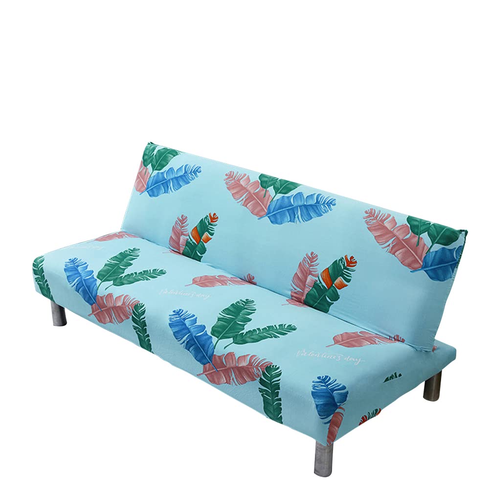 Surwin Armless Sofa Bed Cover Nordic Printed, Non Slip Washable Stretch Futon Slipcover Protector for 2 Seater / 3 Seater Folding Sofa Bed without Armrests (190-230cm,Light Blue)