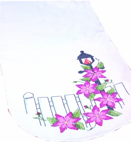 Fairway Needlecraft 18235 Dresser Scarf, Cross Stitch Climatis Design, White, Perle Edge
