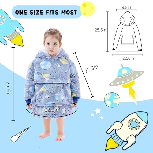 yescool Glow in The Dark Wearable Blanket Hoodie for Kids Toddlers 2-6YR Old Gifts, Oversized Blanket Sweatshirt with Sherpa for Christmas Thanksgiving Birthday Gifts, One Size, Universe