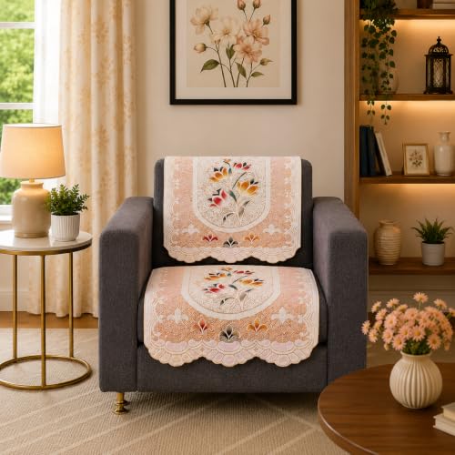 Image of STITCHNEST Florenza Orange 10 Piece Cotton Net Sofa Slip Cover |5 Seater