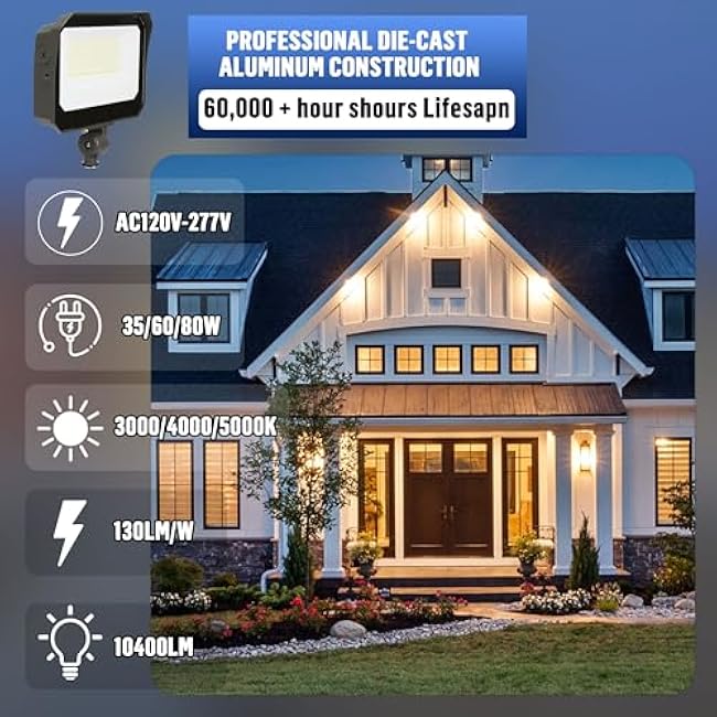 LED Flood Lights Outdoor 35/60/80W and 3000/4000/5000K Adjustable 10400Lm,Dusk-to-Dawn Sensor o Dawn Flood Light for Yard, Garage, Garden,UL Listed,Includes Include Yoke Mount