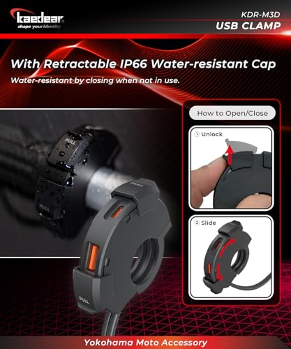 Image of KAEDEAR USB-A & USB-C Motorcycle Charger, PD 30W, Water Resistant, KDR-M3D | USB-A and USB-C ports, PD 30W, QC3.0 18W, water resistant, SAE DC 12V, clamp mounting, fast motorcycle charging