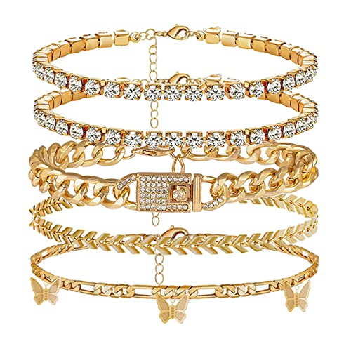 Ronglry 5Pcs Gold Ankle Bracelets For Women Girls Cuban Link Ankle Bracelet Cuban Chain Anklet Butterfly Anklet Set Rhinestone Tennis Anklet Adjustable Layered Link Anklets Summer Beach Gifts-5Pcsgold #TOP21