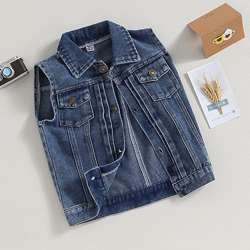 Image of Denim Vest Kids Girl Boy Fashion Coats Turn Dwon Collar Sleeveless Jackets Trendy Outwear