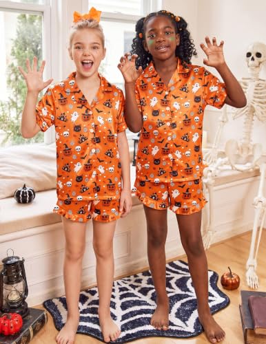 Image of Arshiner Girls Pajamas Silk Satin Pajama Set Button Pjs Ruffle Sleepwear | 2 Piece Nightwear, Silky Soft Lounge for Little & Big Kids, Ideal for Sleeping and Sleepover Party