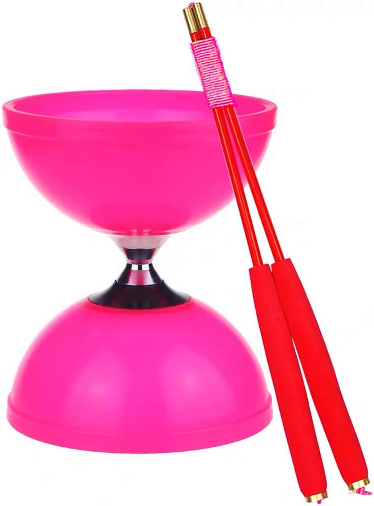 Fluorescent Pink 3-Axle Triple Independent Bearings Diabolo with Fiberglass Diablo Sticks Kit + Strings + Carry Bag | Wide Alloy Triple Bearing Axle Spinning Diablo Set