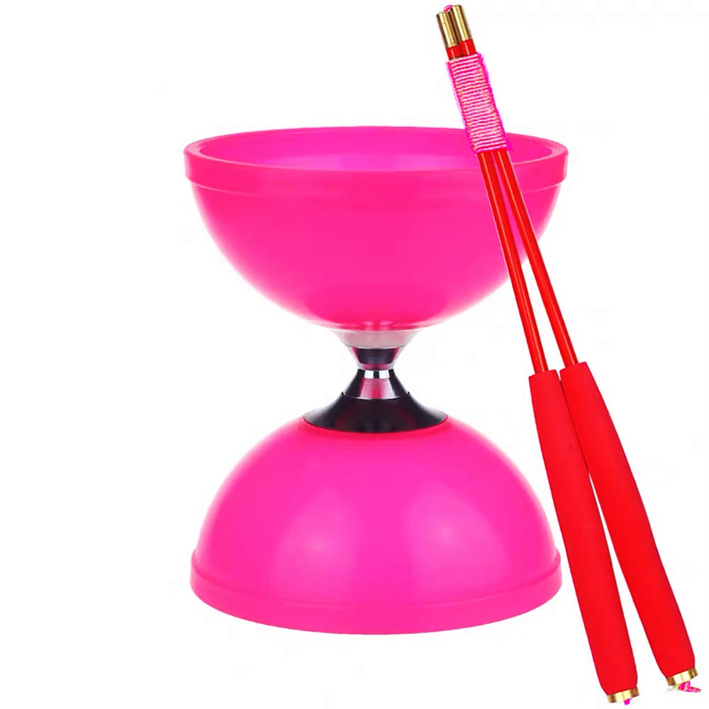 Fluorescent Pink 3-Axle Triple Independent Bearings Diabolo with Fiberglass Diablo Sticks Kit + Strings + Carry Bag | Wide Alloy Triple Bearing Axle Spinning Diablo Set