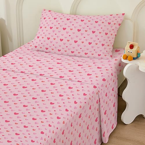 Bedmoon Girls Twin Sheets, Kids Pink Heart Bed Sheet Set With Non-Slip Fitted Sheet thumb #1