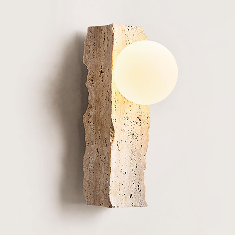 HCZKIUJY Rectangular Travertine Wall Lamp with White Glass Ball Shade - Mini Bedside Sconce, G9 Indoor Lighting for Bedroom and Hallway