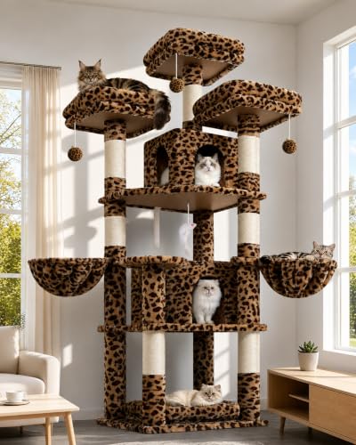 Image of Globlazer Big XL Cat Tower for Indoor Multiple Cats, F68B, Leopard Print | 68 inch Cat Tower for Adult Cats Cat Tree with Scratching Post, 3 Perches, 2 Condos, 2 Basket, Removable Pet Bed