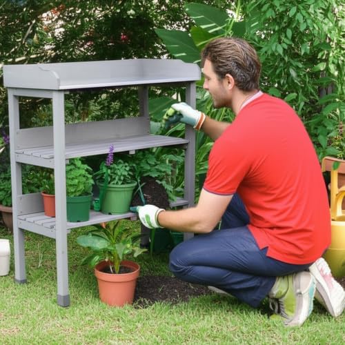 30″x14.5″×35.5″ Potting Table w/Metal Tabletop, 3 Layers Outdoor Work Bench w/Hook for Garden, Solid Wood Workstation for Garage