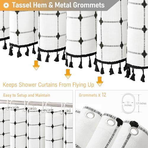Image of BTTN Extra Long Shower Curtain - 72x84 Inch Long Boho Chic Tassel Linen Fabric Shower Curtain Set with Hooks, Modern Farmhouse Elegant Heavy Duty Cloth Shower Curtains for Bathroom - White and Black