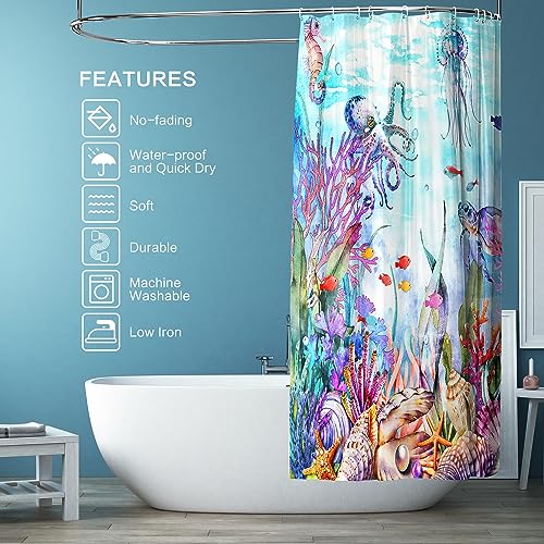 CutebriCase Ocean Seaworld Shower Curtain, Marine Life Kids Shower Curtain Beach Turtle Octopus Sea Horse Coral Star Conch Fish Beach Shower Curtain Set Washable Home Office Decor Bath Curtains - Image 3