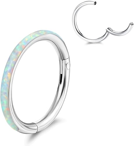 Jstyle G23 - Aros de nariz de titanio 18G 16G, anillos de tabique con bisagras, plata, oro, negro, para mujer, ópalo, hélice, rook, caracola,