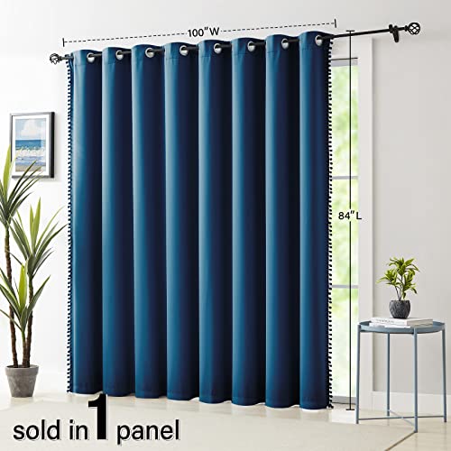 Image of Treatmentex 100% Blackout Patio Door Curtains 100x84 Navy Blue Pom Pom Curtain Panels for Sliding Glass Door, Energy Efficient Thermal Insulated Blackout Curtains for Living Room Bedroom Grommet Top