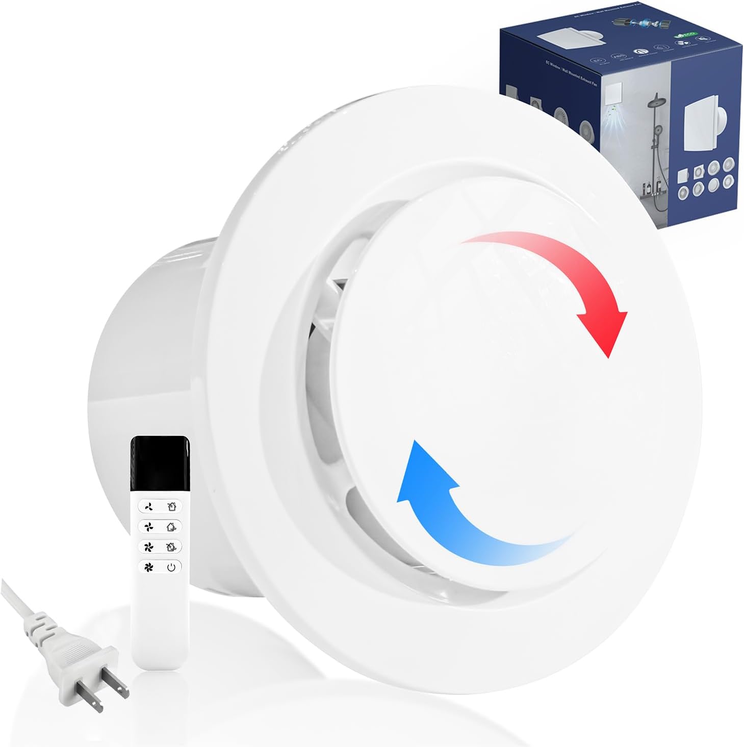 6 Inch Bathroom Exhaust Fan Circle with Reversible Airflow and Remote Control, EC Motor Quiet, Room Ventilation Fan, Extract Fan for Kitchen, Room, Home, Wall Mount, White