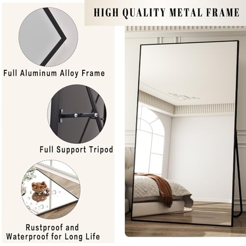 Image of BEAUTYPEAK 77 inchx38 inch Rectangle Full Body Floor Mirrors, Full Length Mirror Hanging or Leaning, Aluminum Alloy Frame Wall Mirror for Bedroom, Dressing Room, Black