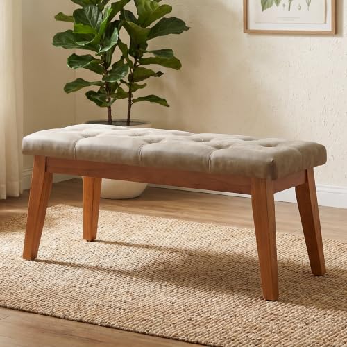 Image of 43.5 inch Button Tufted Faux Leather End of Bed Entryway Bench, Light Taupe | Padded upholstered bench with solid wood legs, ideal for entryway, dining room, bedroom, vanity area, or living room.