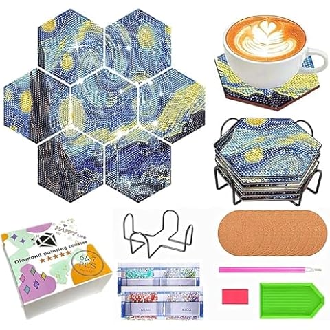 NIHO-JIUMA Van Gogh Starry Night Diamond Painting Coasters, Diamond Art Coasters Kits Gift for Adults (7 pcs) Cover