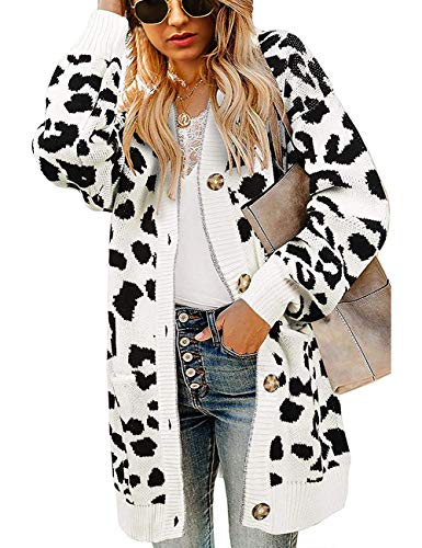 ZESICA Women s Long Sleeves Open Front Leopard Print Knitted Sweater Cardigan Coat Outwear,B Beige,Large
