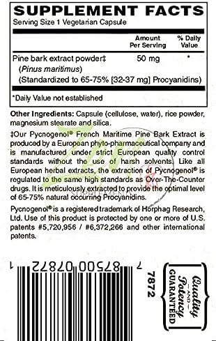 Miniatura 3 de Pycnogenol 50 mg - Extracto de corteza de pino marítimo francés estandarizado para antioxidante y apoyo a la inflamación, sin OMG, sin gluten ni