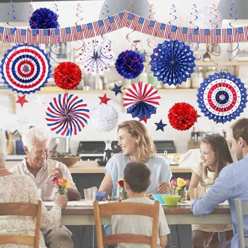 Image of 26PCS 4th of July Decorations Patriotic Decor USA Flag String Red White and Blue Paper Fans Star Streamer Pom Poms Hanging Swirls for Memorial Day Veterans Day Independence Day