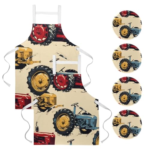 Lot de 2 tabliers de cuisine avec 4 broches à motif de tracteurs colorés