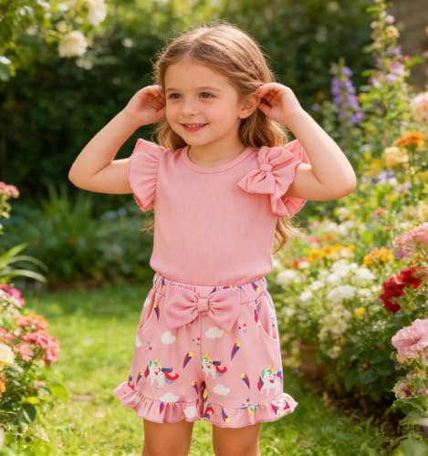 Image of Barlver Girls 2 Piece Short Set Baby Girl Summer Clothes Ruffle Sleeve T-Shirt and Bow Knot Shorts Toddler Girl Outfit Set