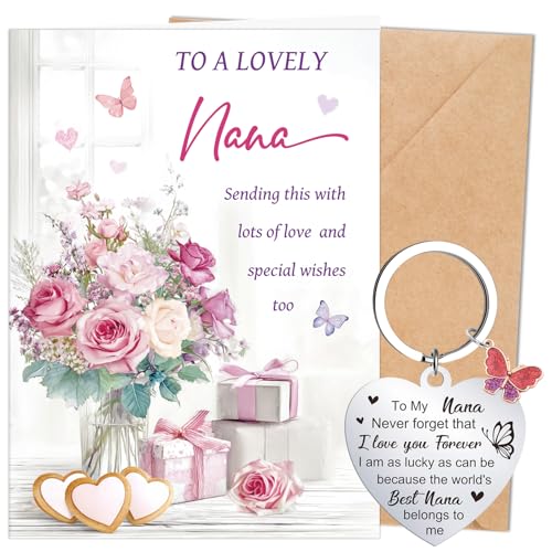 Eiapadeor Nana Birthday Card Keyring - Flower Nana Greeting Card with Heart Shape Keychain Birthday Valentines Day Christmas Gifts for Nanny Nan from Grandson Granddaughter