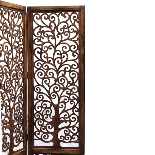 Image of Artesia Wooden Handcrafted 5 Panel Room Divider Without Stand Partition for Living Room | Foldable Privacy Screen with Tree of Life Carved Design | Decorative Partition Wall Panel for Home, Bedroom