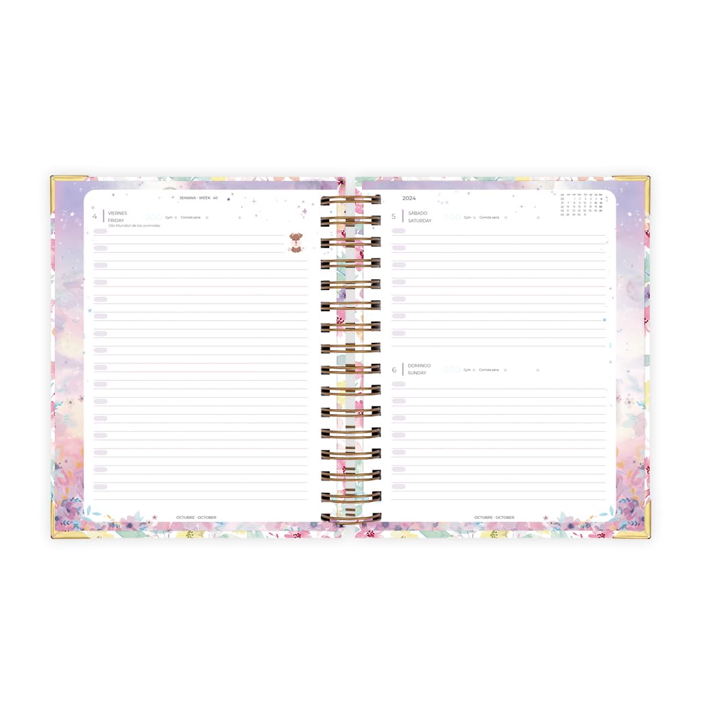 Nukua Notes - Agenda 2024 January to December (12 months) - Day Page - A5 (15.5x20.5cm) - Spanish and English - Golden rings - Martina - Image 2