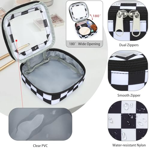 DOB SECHS Small Checkered Makeup Bag 5.1'' x 5.1'' Mini Clear Makeup Pouch for Car Cute Cosmetic Bags for Purse Dual Zipper, Tiny Toiletry Bag Lipstick Organizer Case Travel Essentials Storage Pouches3