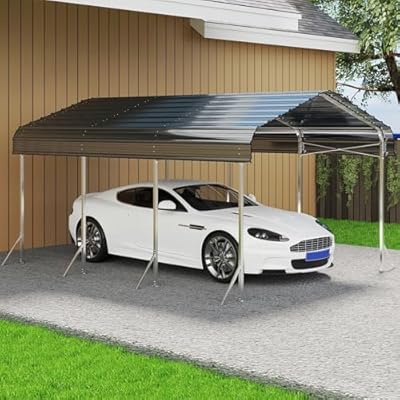 10x15ft Heavy Duty Metal Carport – Outdoor Galvanized Garage, Sturdy Structure, All-Weather Protection, Easy Assembly for Cars, Trucks, Boats, Tractors, and Outdoor Storage (Grey, 10x15FT)