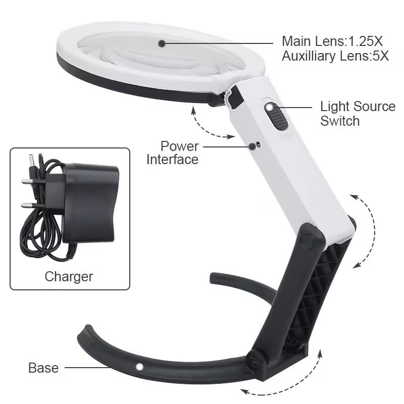 Lente d'ingrandimento da tavolo pieghevole a LED con lente d'ingrandimento 1.25X/5X