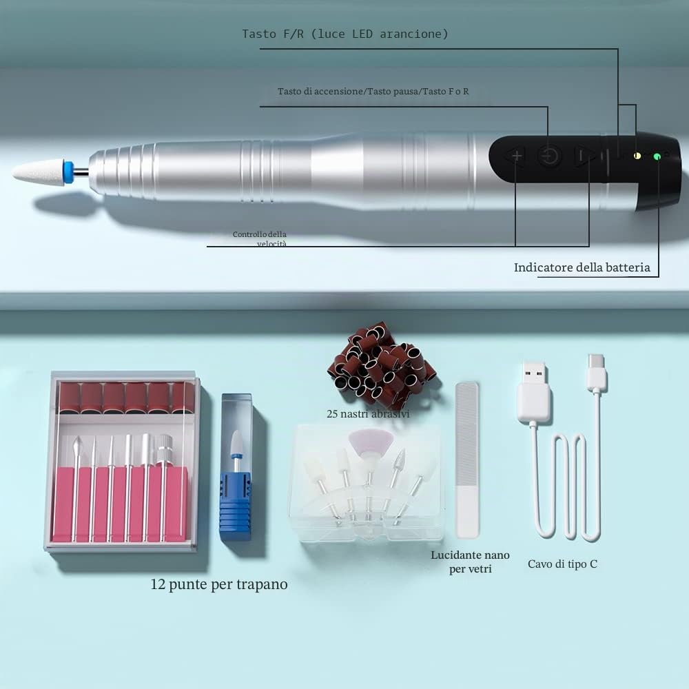 Fresa per Unghie, TOUCHBeauty Lima per Unghie Elettrica Senza Fili Professionale con USB Ricaricabile, 12 in 1 Manicure e Pedicure per Rimozione Smalti e Gel AG-2236