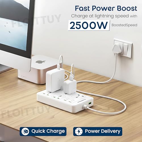 Image of FLOITTUY 6‑Outlet Extension Board with 4 USB & 2 Fast Charging Type-C Port | Wall Mountable Extension Board | 2500W Multi Plug Extension Cord for Home & Office | Surge Protector Power Strip
